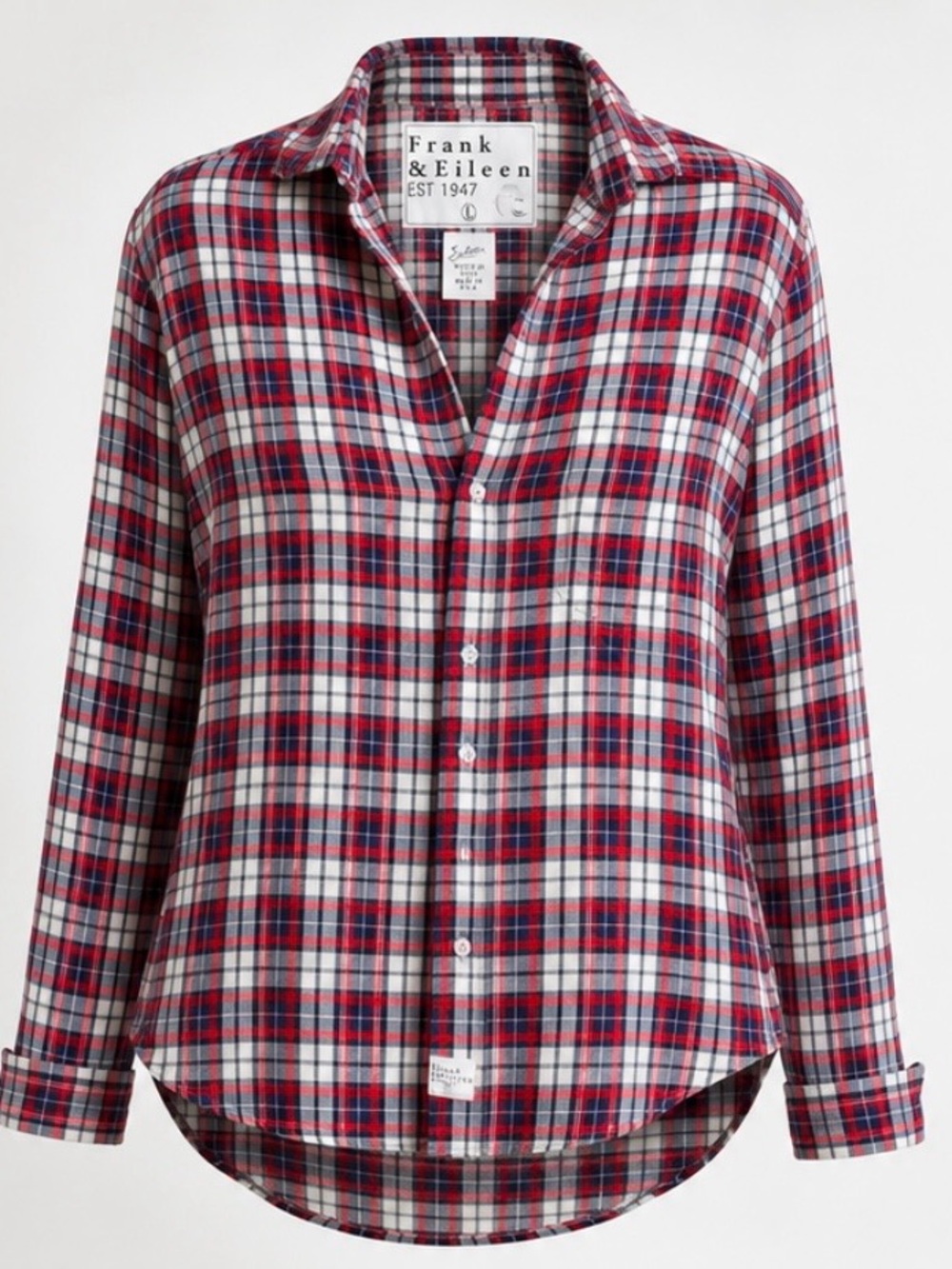 Frank & Eileen Eileen Women’s L Red Blue Plaid 100% Linen Button Front Shirt USA